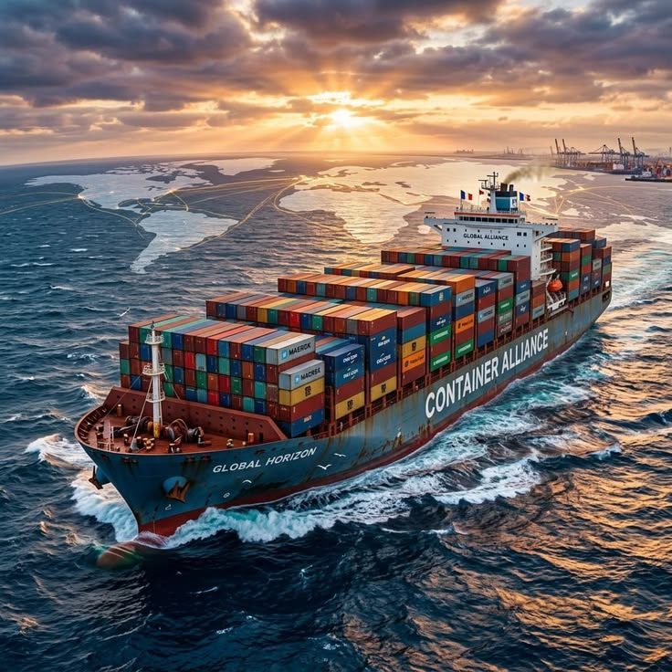 Container ship carrying cargo across the ocean at sunset
